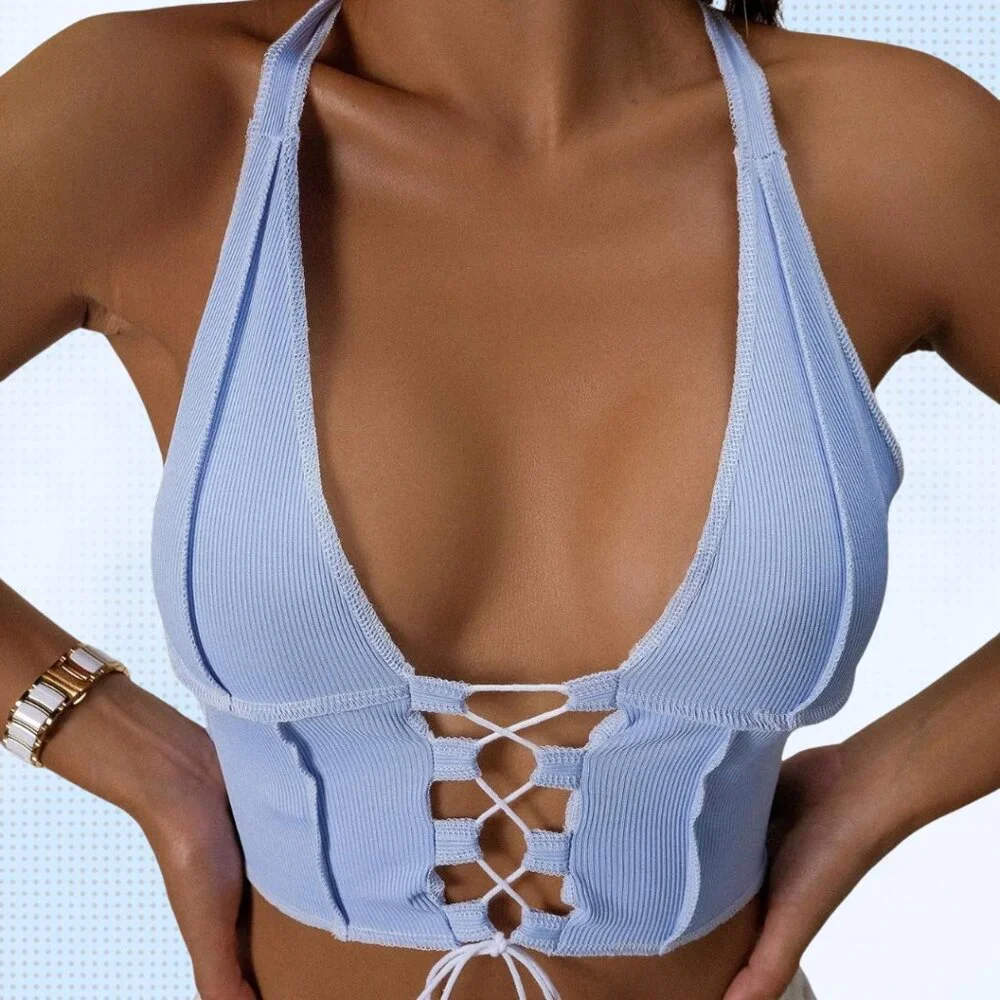 SHEIN Light Blue Ribbed Lace Up Halter Top Corset Style Y2K S - Picture 2 of 3